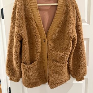 Kittenish Tan Cardigan Sweater with Plush Texture